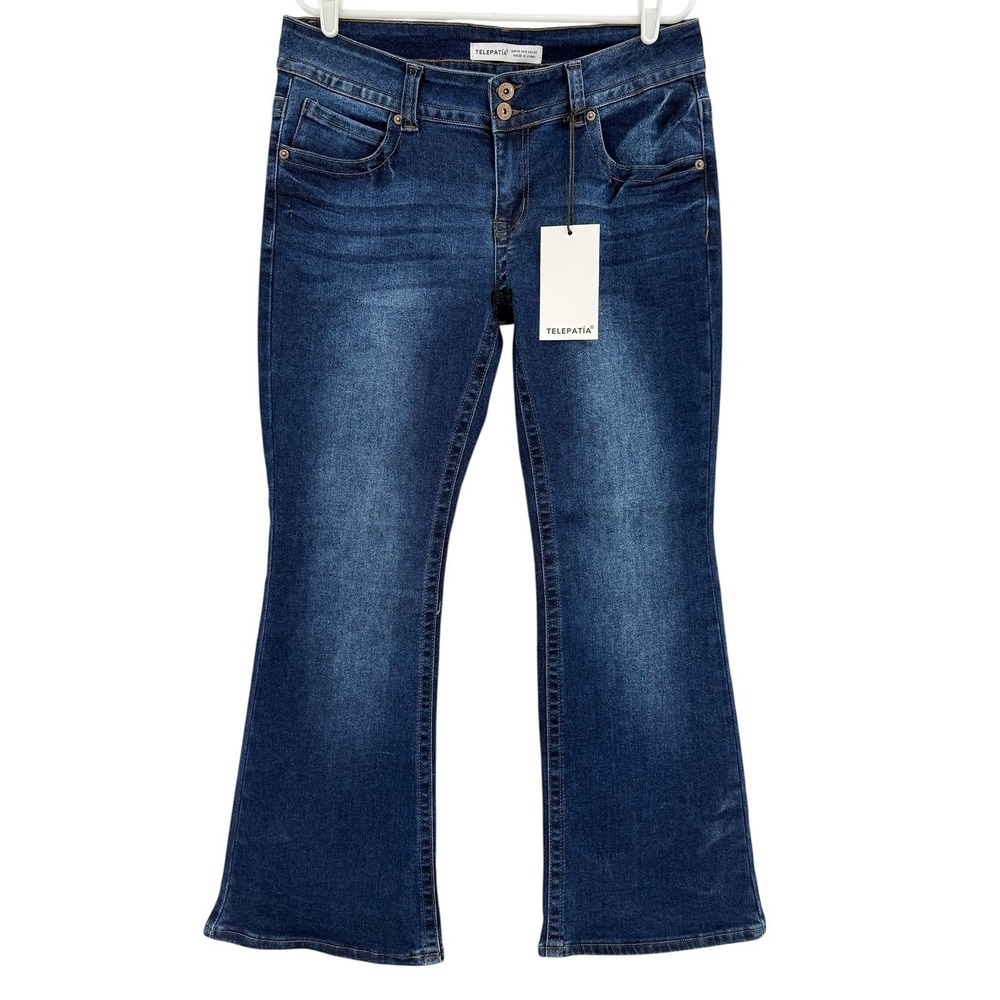 Telepatia Women's Stretch Denim Jeans 15/32 Flare Leg Flap Pocket High Rise NWT